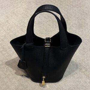 EUC Structured Black Leather Tote Bag with Gold Hardware
